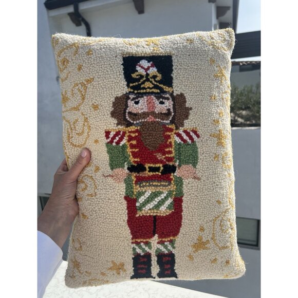 Peking Handicraft Holiday Magic Nutcracker gold wool hook pillow velvet 14x20" - Picture 1 of 9